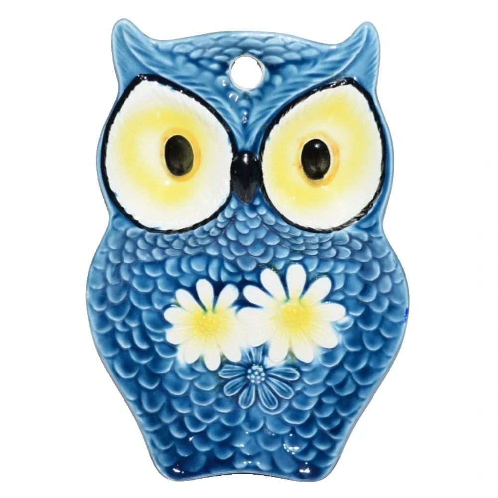 Vtg MCM Ceramic Owl with Retro Flower Spoon Rest Wall Hanging Blue yellow